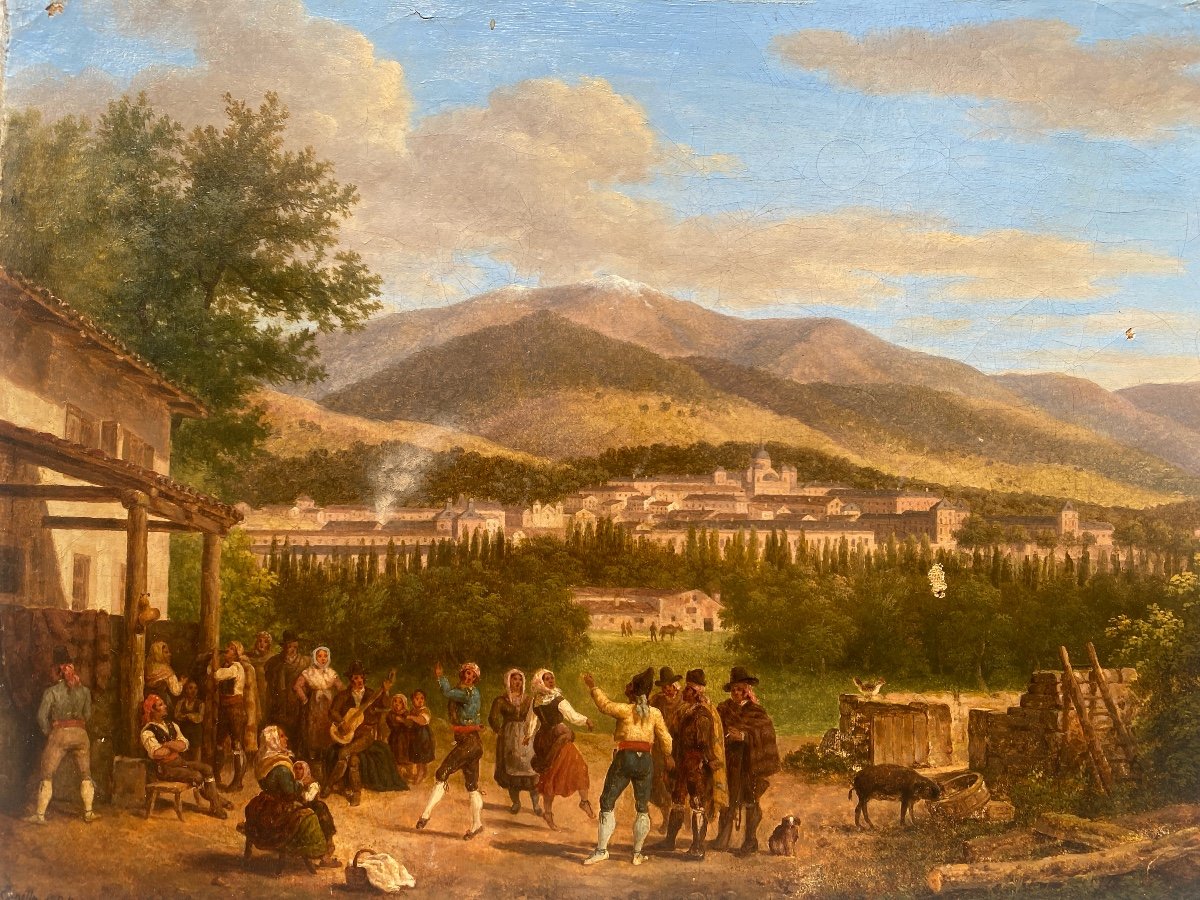 Giuseppe Canella- Fête Villageoise En Espagne, 1824 - Huile Sur Toile