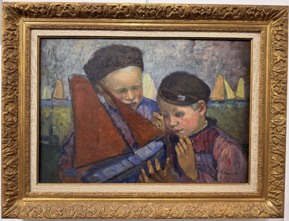 Augustin Hanicotte - Enfants au bateau - Huile sur panneau-photo-1
