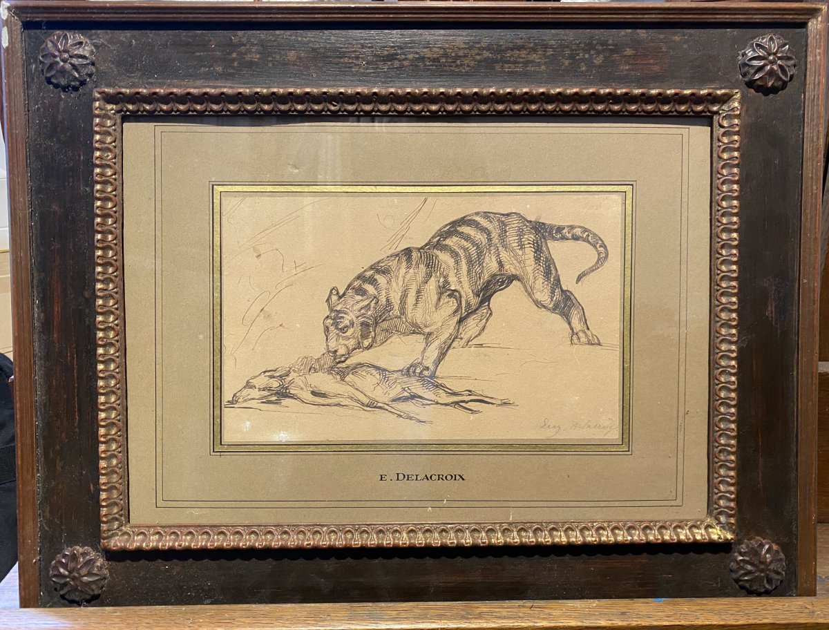 Eugène Delacroix (attribué à) - Dessin à La Plume - Etude De Tigre -photo-3