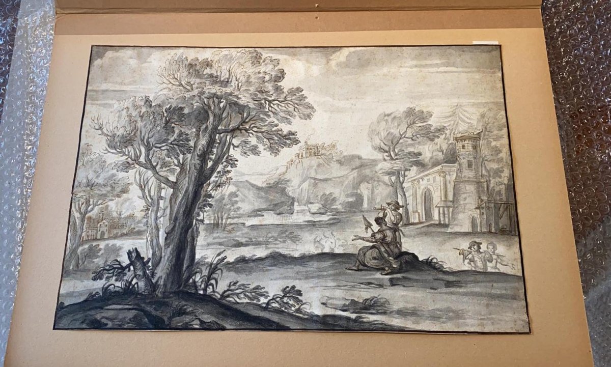 Flemish School XVIIIth Drawing Lavis Landscape-photo-2