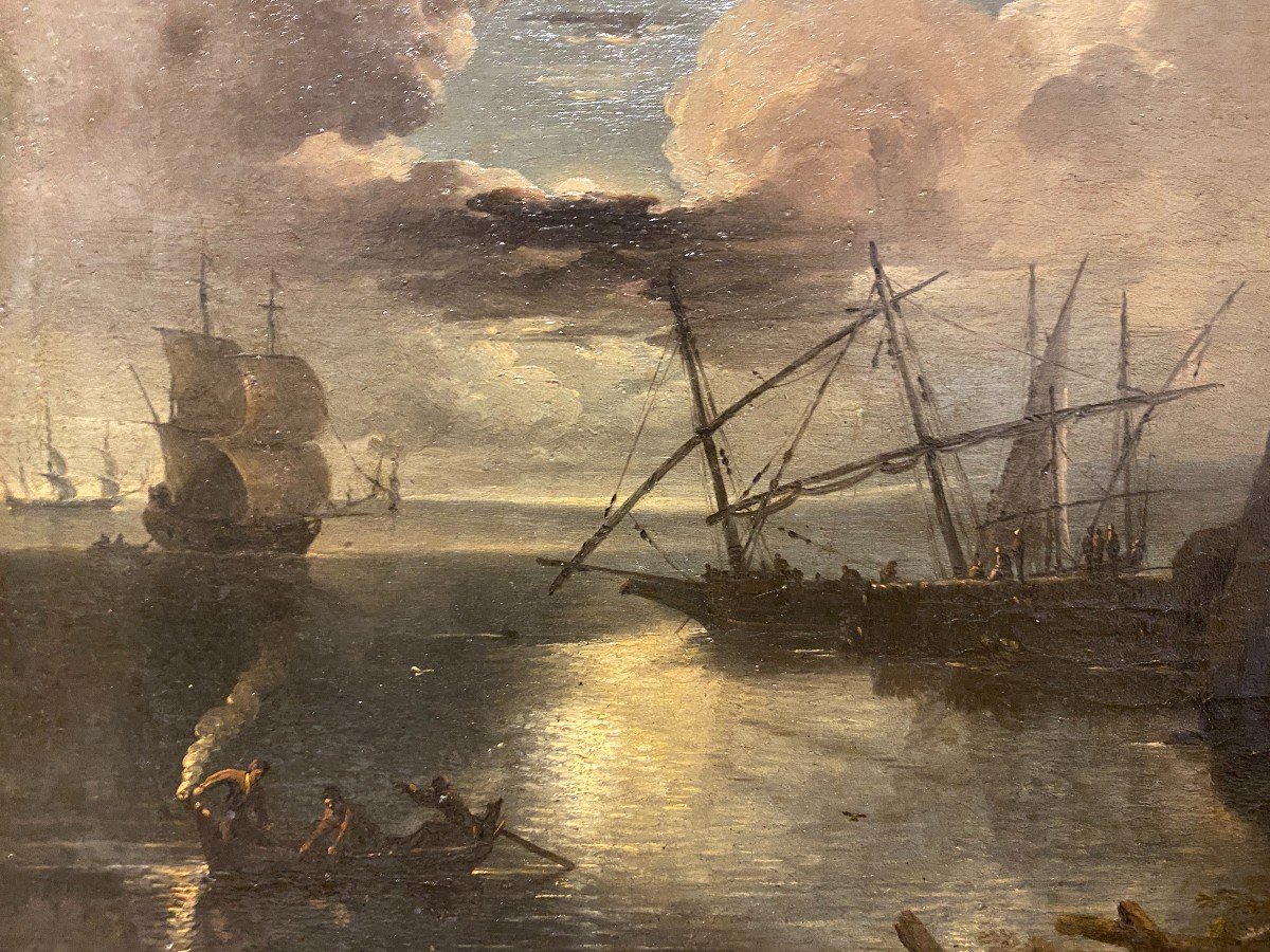 Ecole Française XVIIIème - Côte Rocheuse Au Clair De Lune - Huile Sur Toile -photo-1