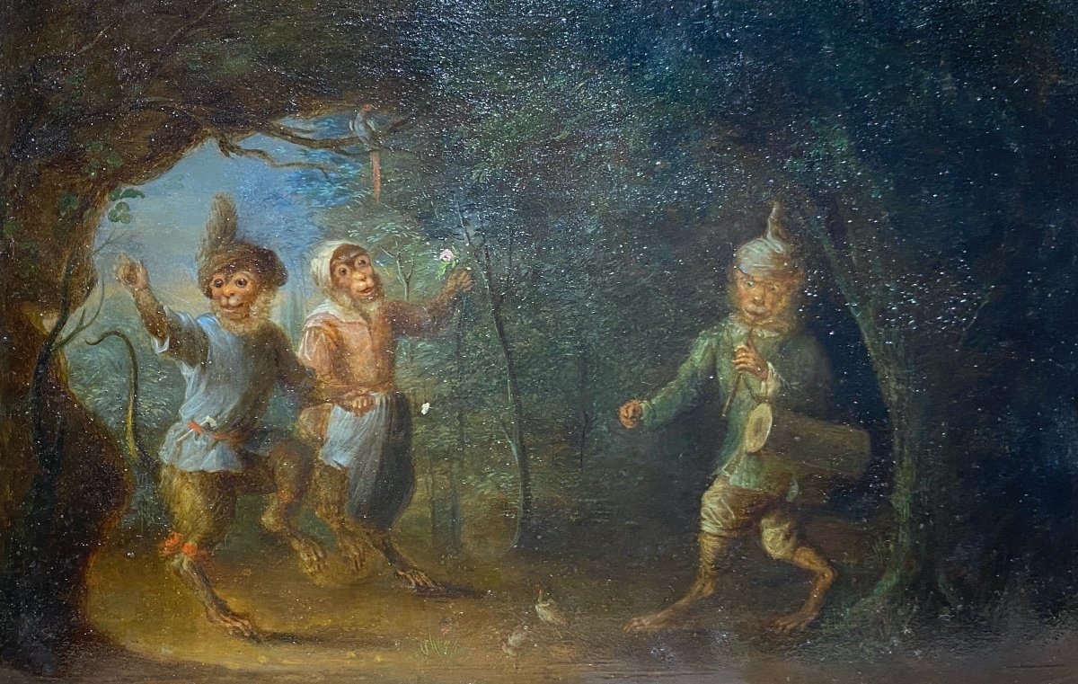 Abraham Teniers (circle Of) - Monkeys Dancing - Oil On Copper