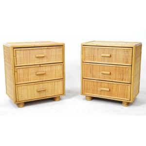Pair Of Rattan And Bamboo Bedside Tables Circa 1970