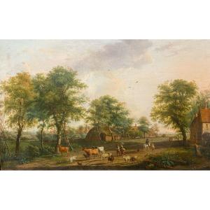 Attribué à Johannes Janson (1729-1784) Paysage Fermier Huile Sur Panneau