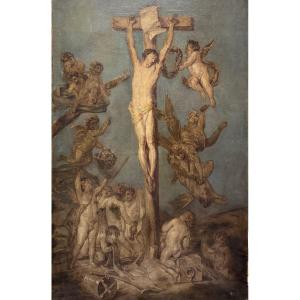 Ecole Flamande XVIIIème - Esquisse En Grisaille - Christ En Croix 