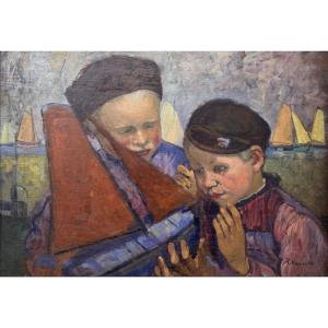 Augustin Hanicotte - Enfants au bateau - Huile sur panneau