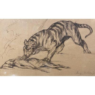 Eugène Delacroix (attribué à) - Dessin à La Plume - Etude De Tigre 