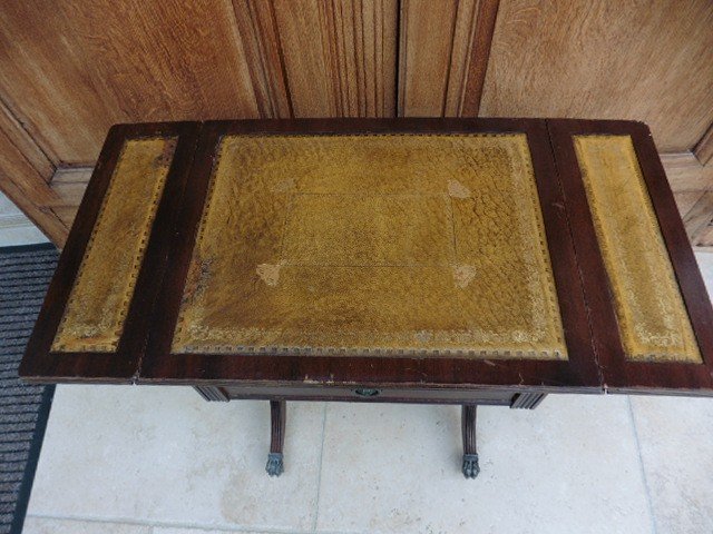 Small Side Table With 2 Flaps, Leather Top, 1 Drawer, Lion Paw Feet-photo-4