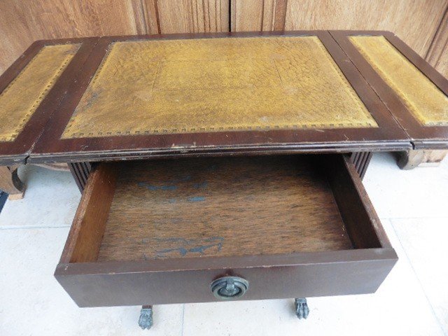 Small Side Table With 2 Flaps, Leather Top, 1 Drawer, Lion Paw Feet-photo-3