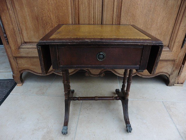 Small Side Table With 2 Flaps, Leather Top, 1 Drawer, Lion Paw Feet-photo-4