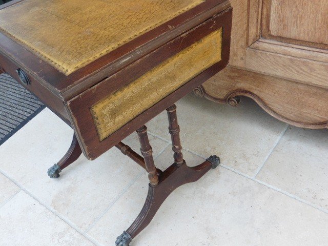 Small Side Table With 2 Flaps, Leather Top, 1 Drawer, Lion Paw Feet-photo-6