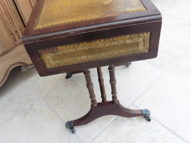 Small Side Table With 2 Flaps, Leather Top, 1 Drawer, Lion Paw Feet-photo-7