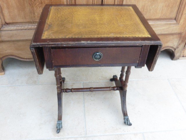 Petite Table d'Appoint Avec 2 Abattants, dessus cuir, 1 Tiroir, Pieds Patte De Lion-photo-8