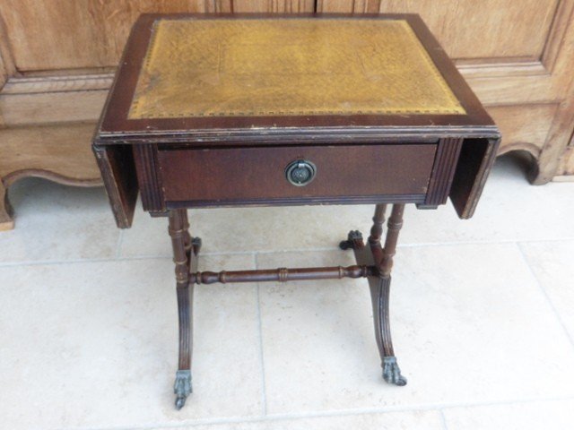 Small Side Table With 2 Flaps, Leather Top, 1 Drawer, Lion Paw Feet