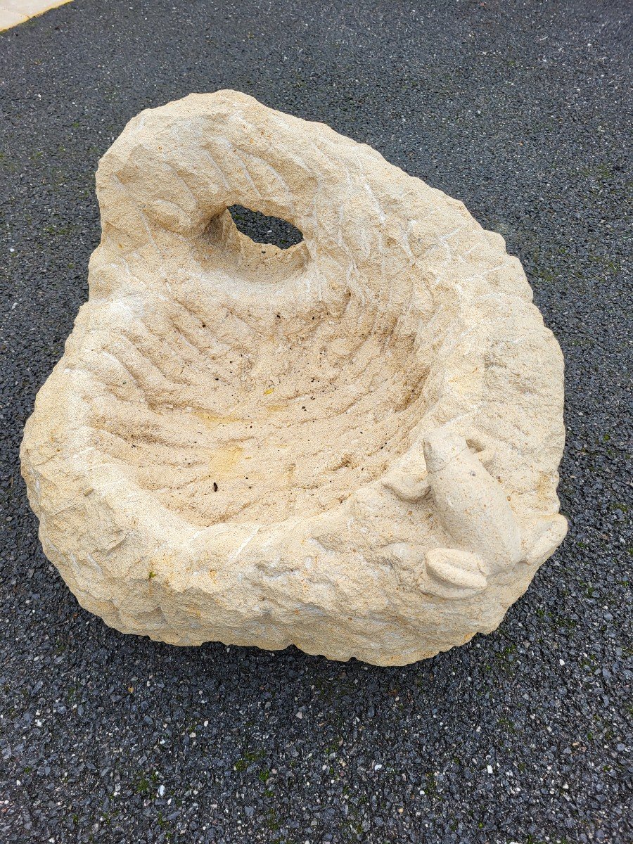 Bain Pour Les Oiseaux En Pierre Naturelle sculptée  Décor Grenouille 