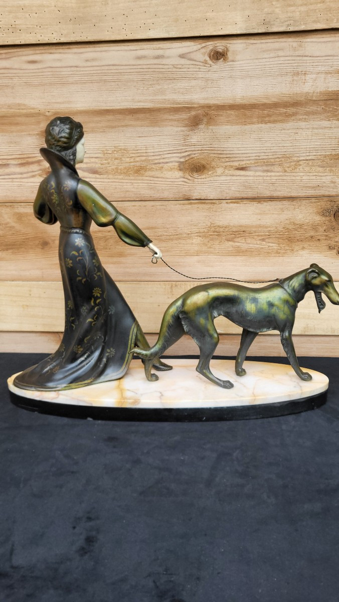 Chryselephantine Statue Of A Woman With A Greyhound Signed Scali In Art Deco Spelter -photo-3