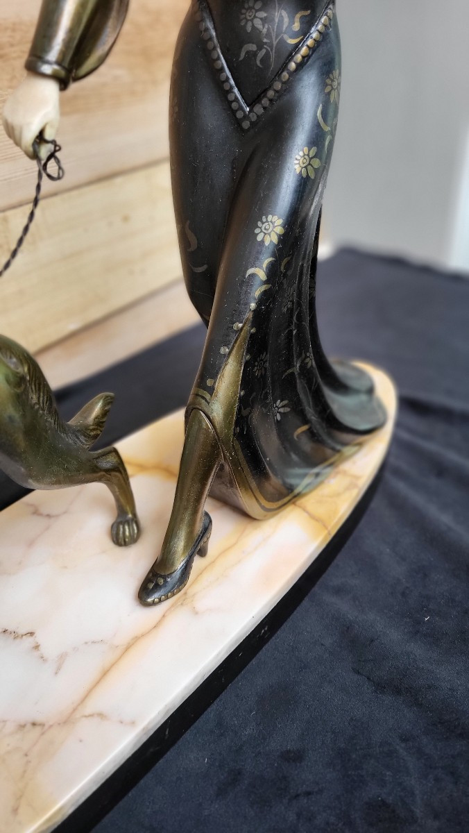 Chryselephantine Statue Of A Woman With A Greyhound Signed Scali In Art Deco Spelter -photo-4
