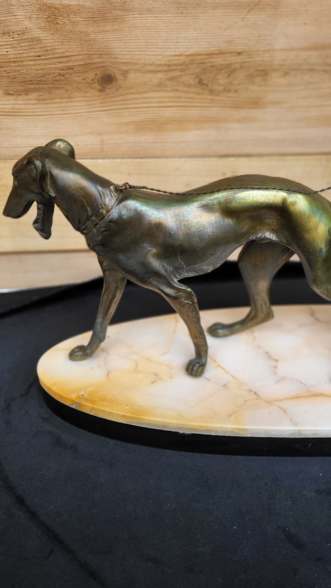 Chryselephantine Statue Of A Woman With A Greyhound Signed Scali In Art Deco Spelter -photo-5