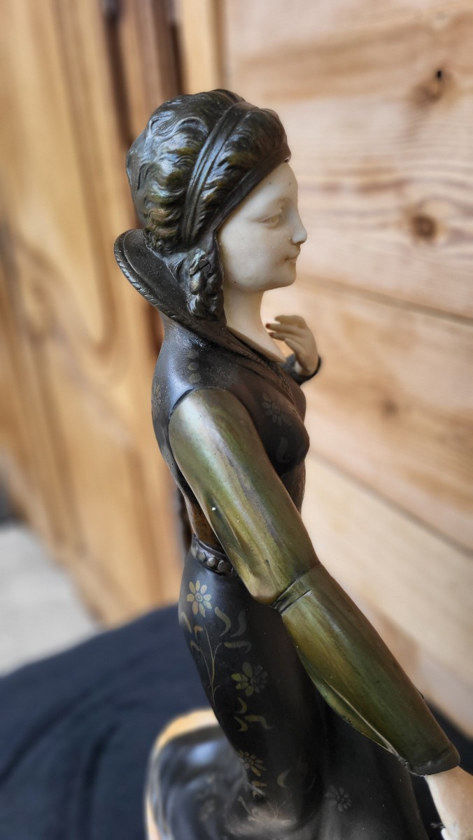 Chryselephantine Statue Of A Woman With A Greyhound Signed Scali In Art Deco Spelter -photo-6
