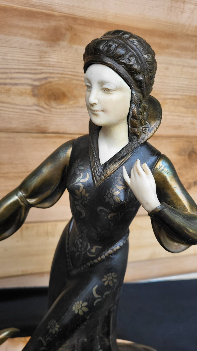Chryselephantine Statue Of A Woman With A Greyhound Signed Scali In Art Deco Spelter -photo-8