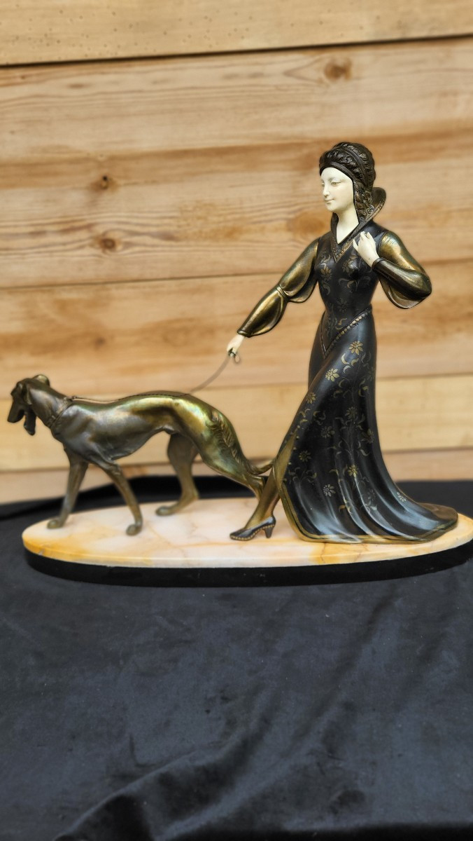 Chryselephantine Statue Of A Woman With A Greyhound Signed Scali In Art Deco Spelter 