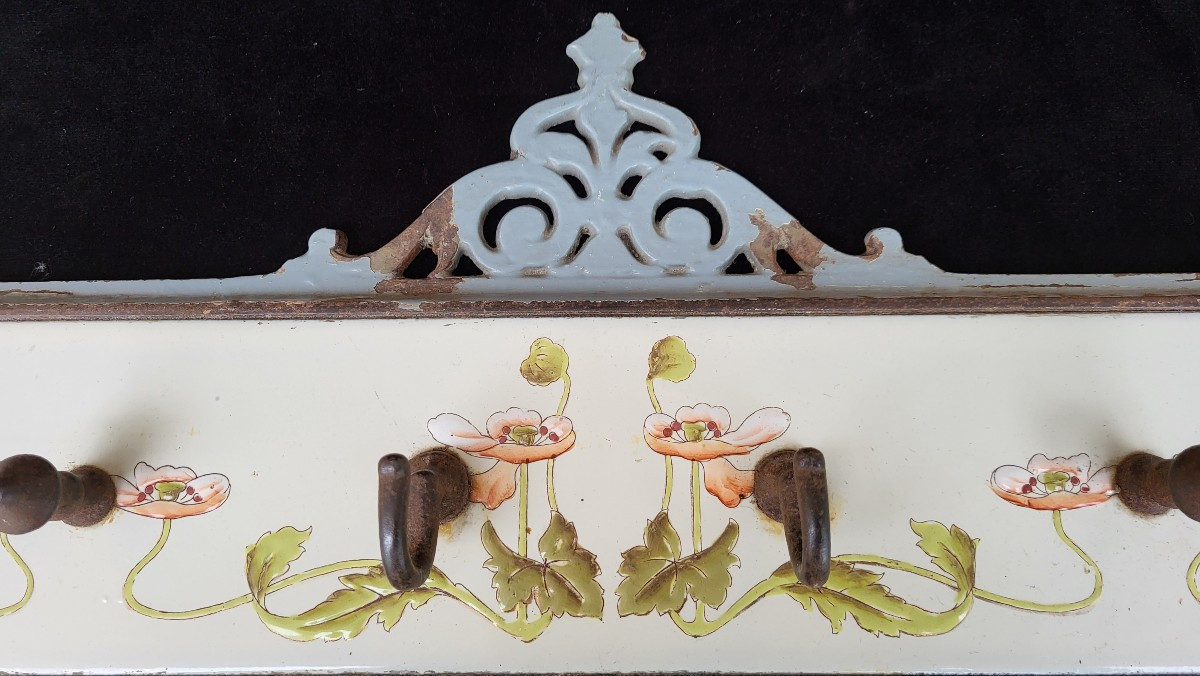 Towel Rack, Towel Holder, In Enameled Cast Iron Art Nouveau, Poppy Decoration-photo-2