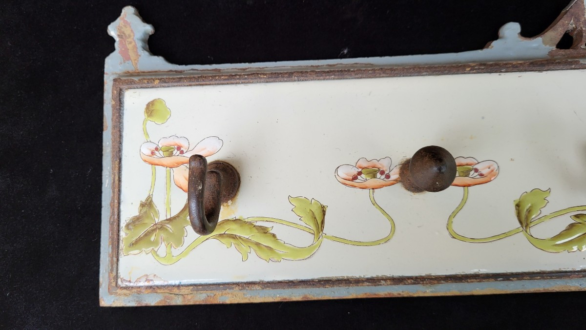 Towel Rack, Towel Holder, In Enameled Cast Iron Art Nouveau, Poppy Decoration-photo-3