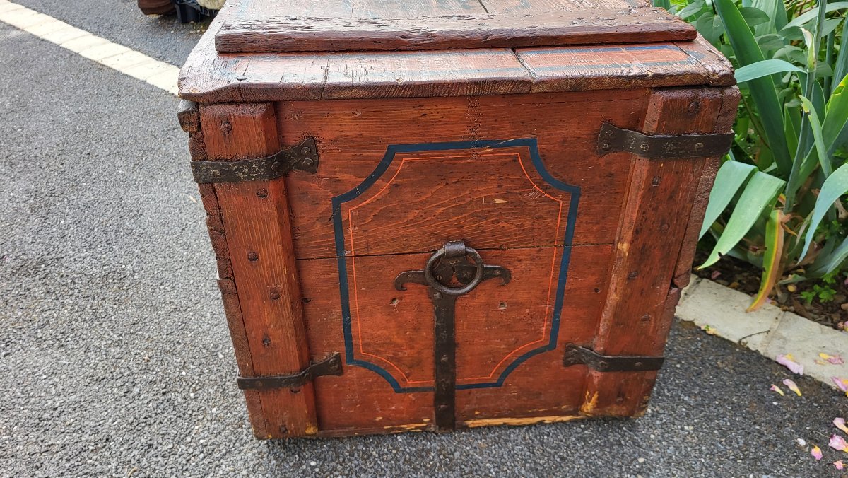 Coffre de mariage ancien en bois peint, XIXème-photo-4