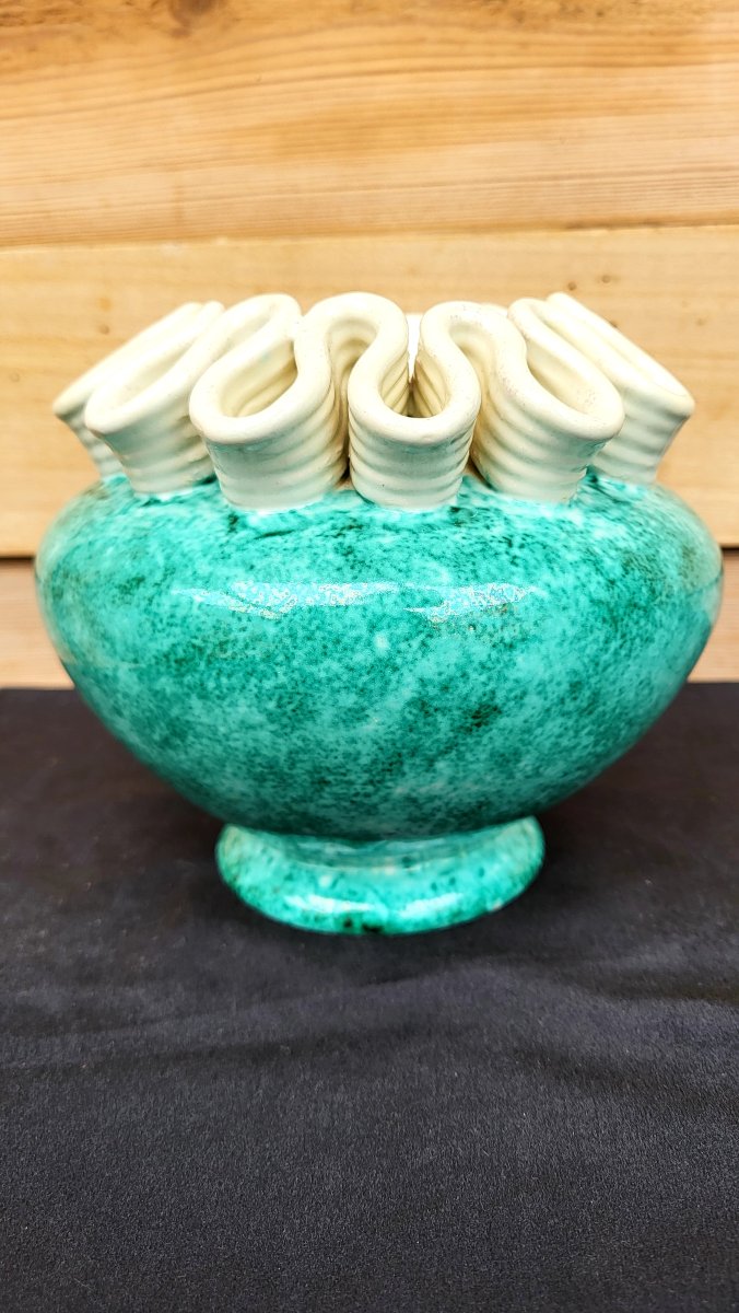 Vase boule ,pied douche  en céramique de St Radegonde (Asch) Art Déco)-photo-3