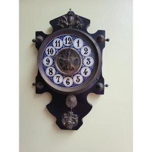 Old Wall Clock Apparent Mechanism Earthenware Dial 