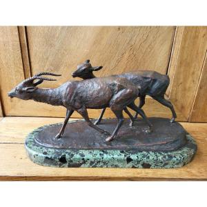Animal Bronze 1930 Signed Rochard Couple Of Antelopes