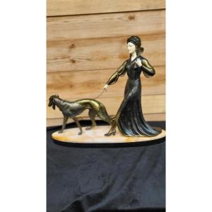 Chryselephantine Statue Of A Woman With A Greyhound Signed Scali In Art Deco Spelter 