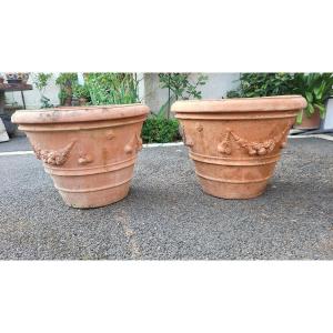 2 Terracotta Pots With Fruit Garlands.