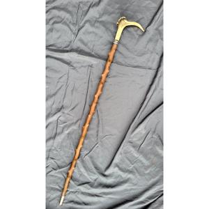 Antique 19th-century Boxwood Cane With A Silver Ferrule And A Stag-horn Knob