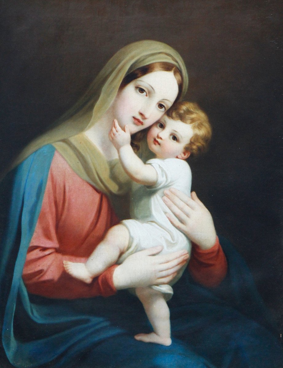 Madonna And Child, Large Oil On Canvas. Mid-19th Century In Renaissance Style-photo-2