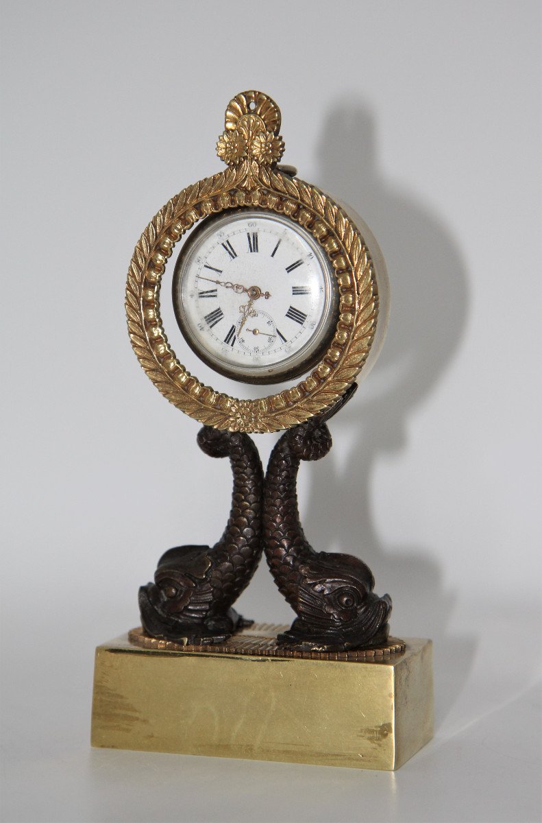 Watch Holder With Dolphins, Patinated And Gilded Bronze - Restoration Period, Around 1820-photo-3