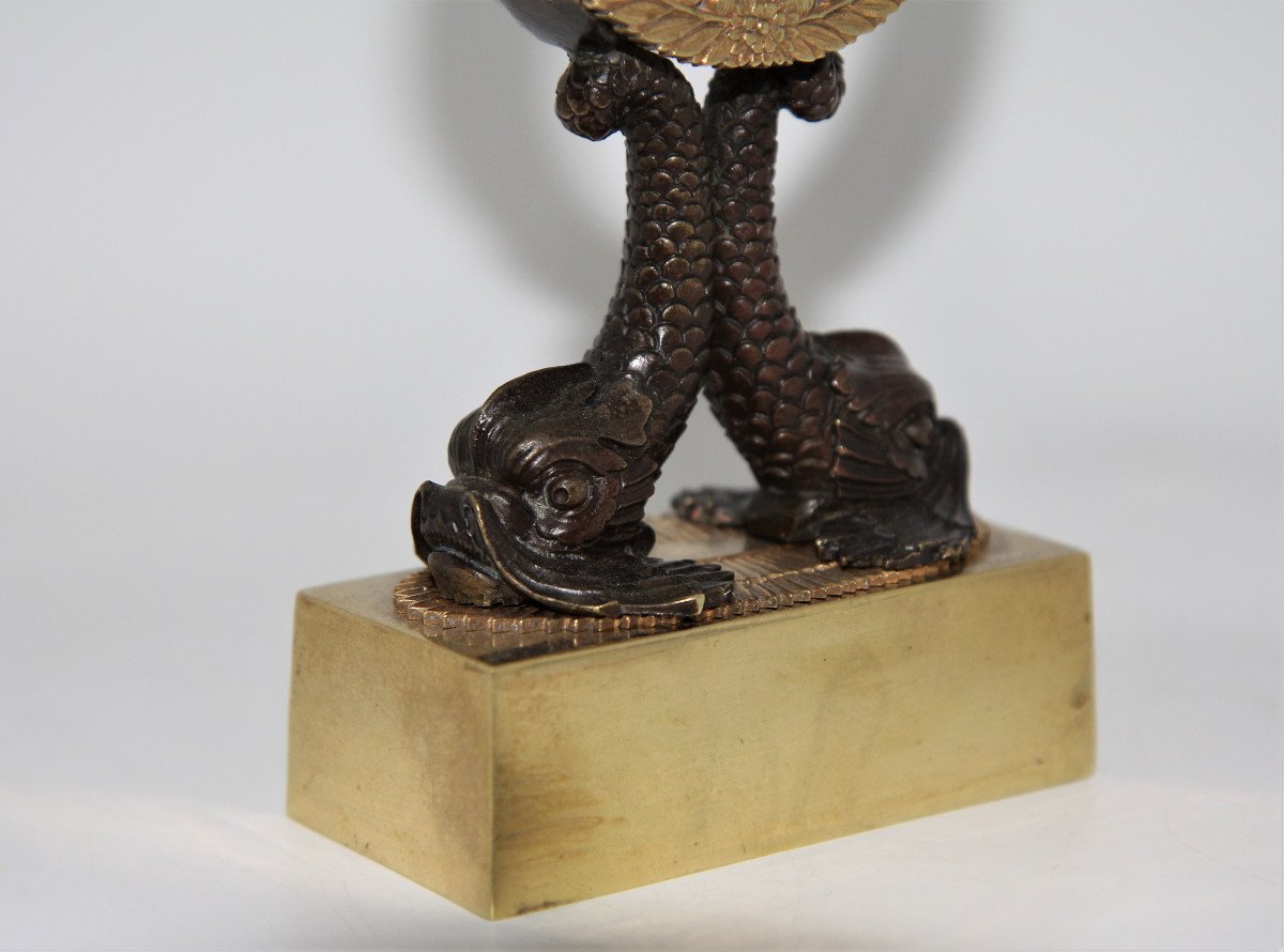 Watch Holder With Dolphins, Patinated And Gilded Bronze - Restoration Period, Around 1820-photo-1