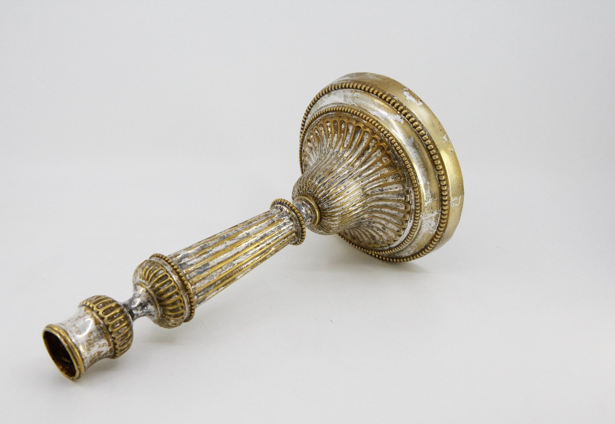 Heavy Louis XVI Period Candlestick In Silvered Bronze, In Its Original Silvering-photo-3