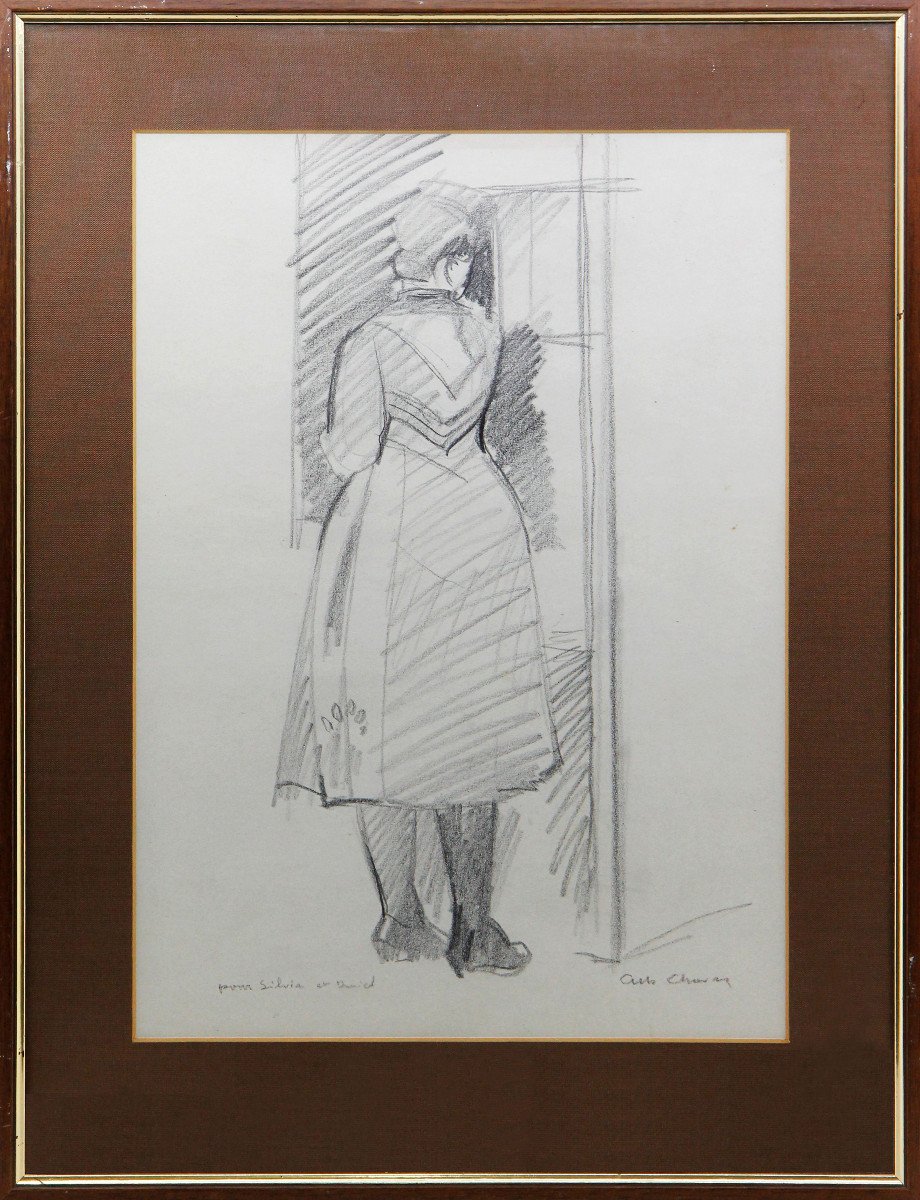 Albert CHAVAZ (1907-1990), école suisse, Saviésanne en costume vue de dos, fusain sur papier-photo-2