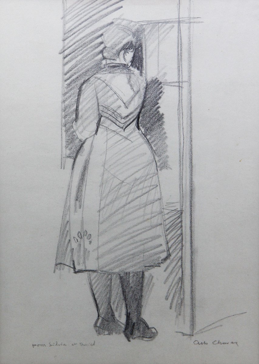 Albert CHAVAZ (1907-1990), école suisse, Saviésanne en costume vue de dos, fusain sur papier