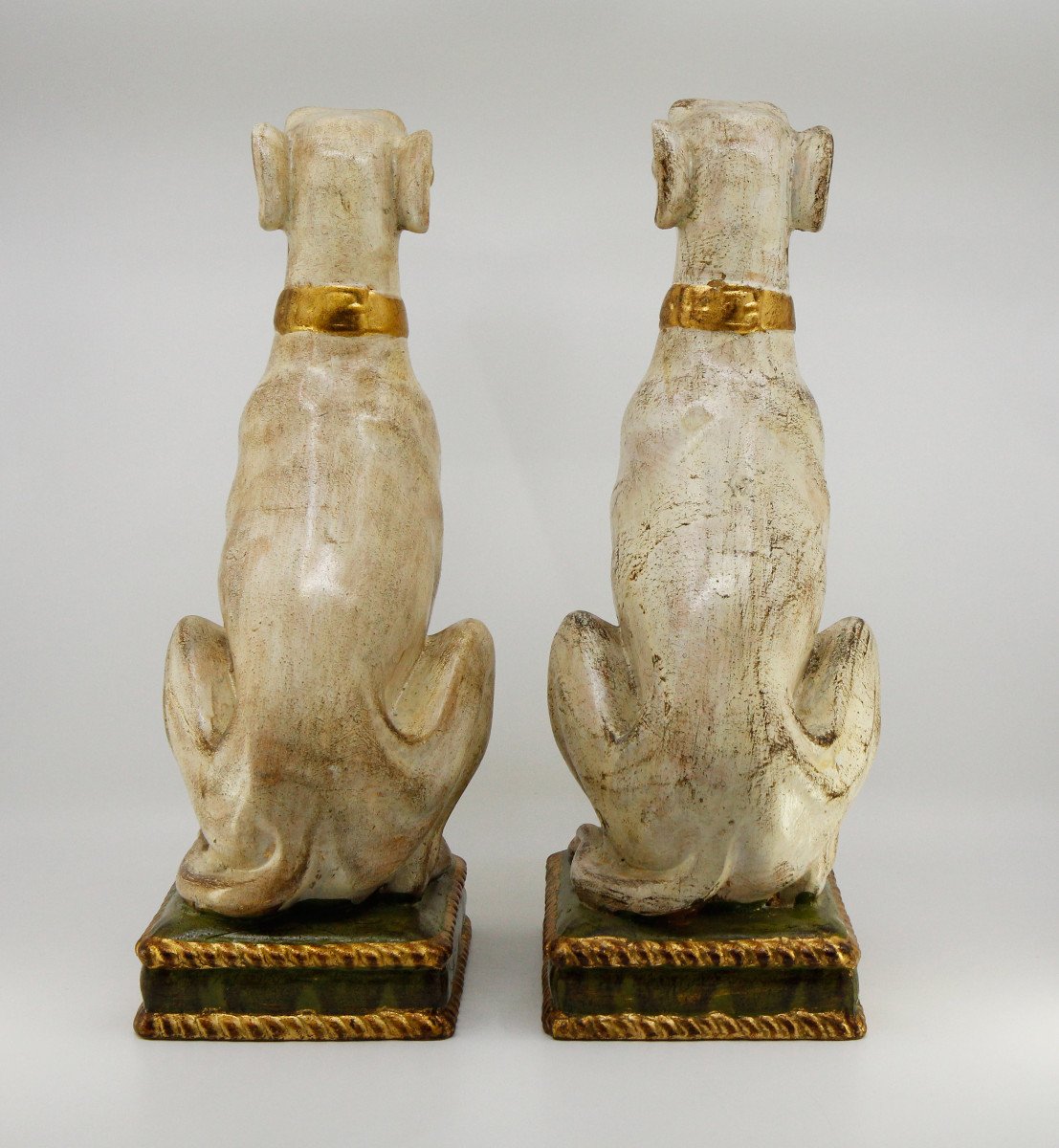 Pair Of Polychrome And Gold Terracotta Greyhounds, Italy Around 1970, H 39 Cm-photo-1