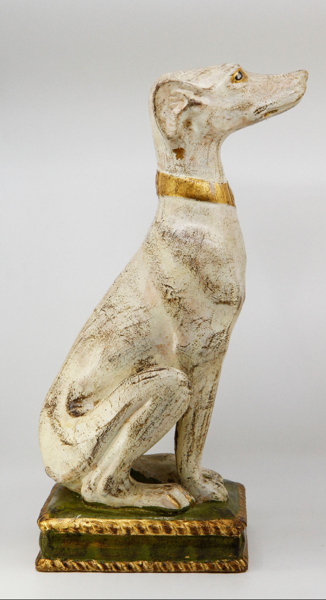 Pair Of Polychrome And Gold Terracotta Greyhounds, Italy Around 1970, H 39 Cm-photo-2
