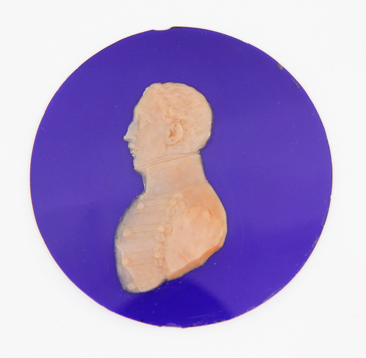 Profil en cire d'officier sur verre bleu, cadre bois ébonisé, époque Restauration vers 1825-photo-2