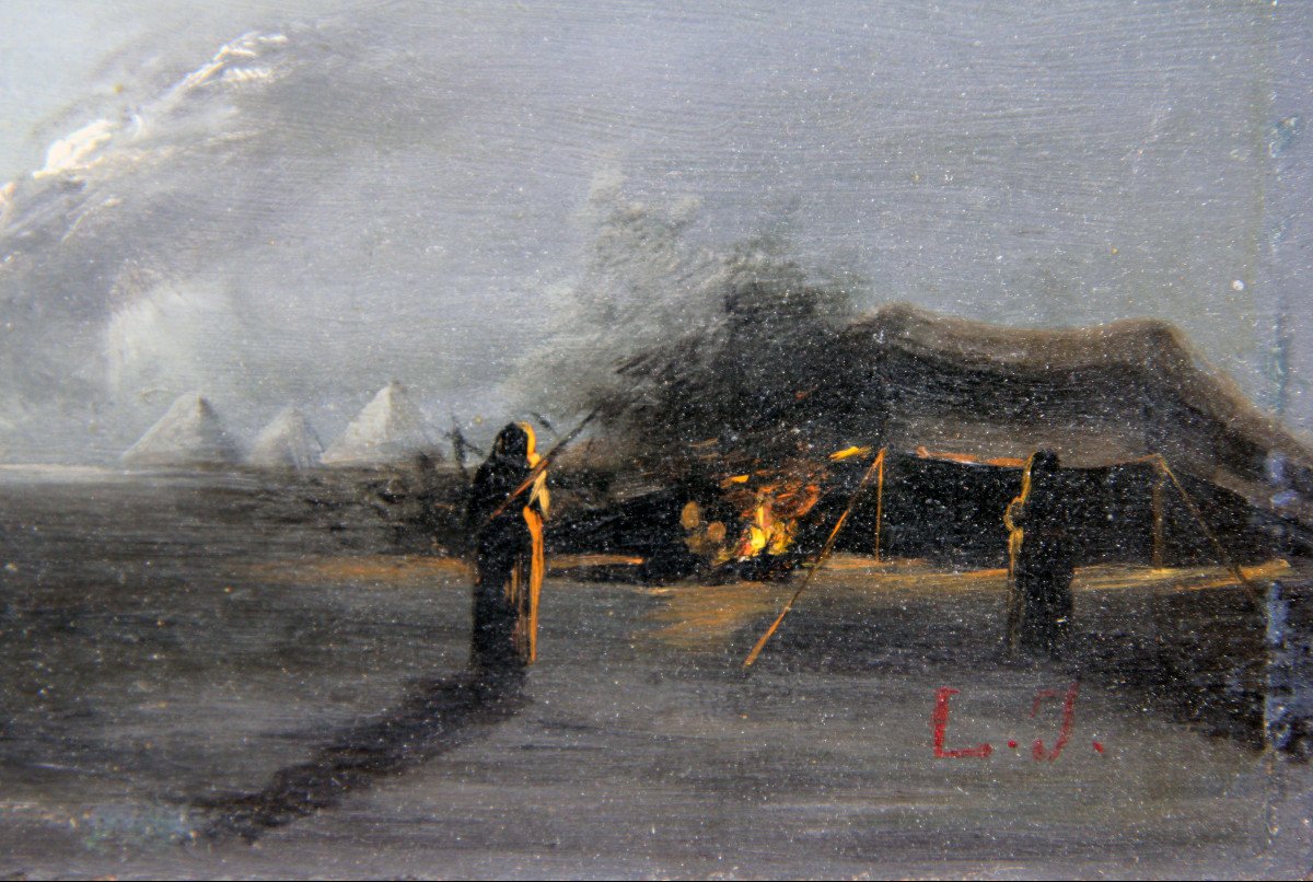 Paire de tableaux orientalistes, scènes au bord du Nil, monogramme LJ, vers 1900-photo-5
