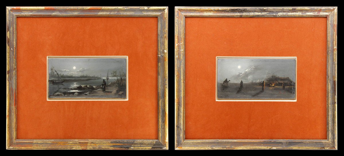 Paire de tableaux orientalistes, scènes au bord du Nil, monogramme LJ, vers 1900