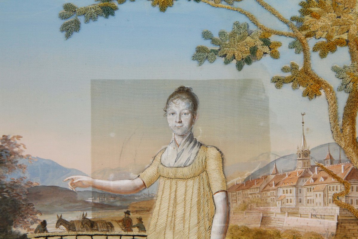 Peinture à l'aiguille, broderie sur soie peinte - Très belle composition - Suisse, vers 1800-photo-3