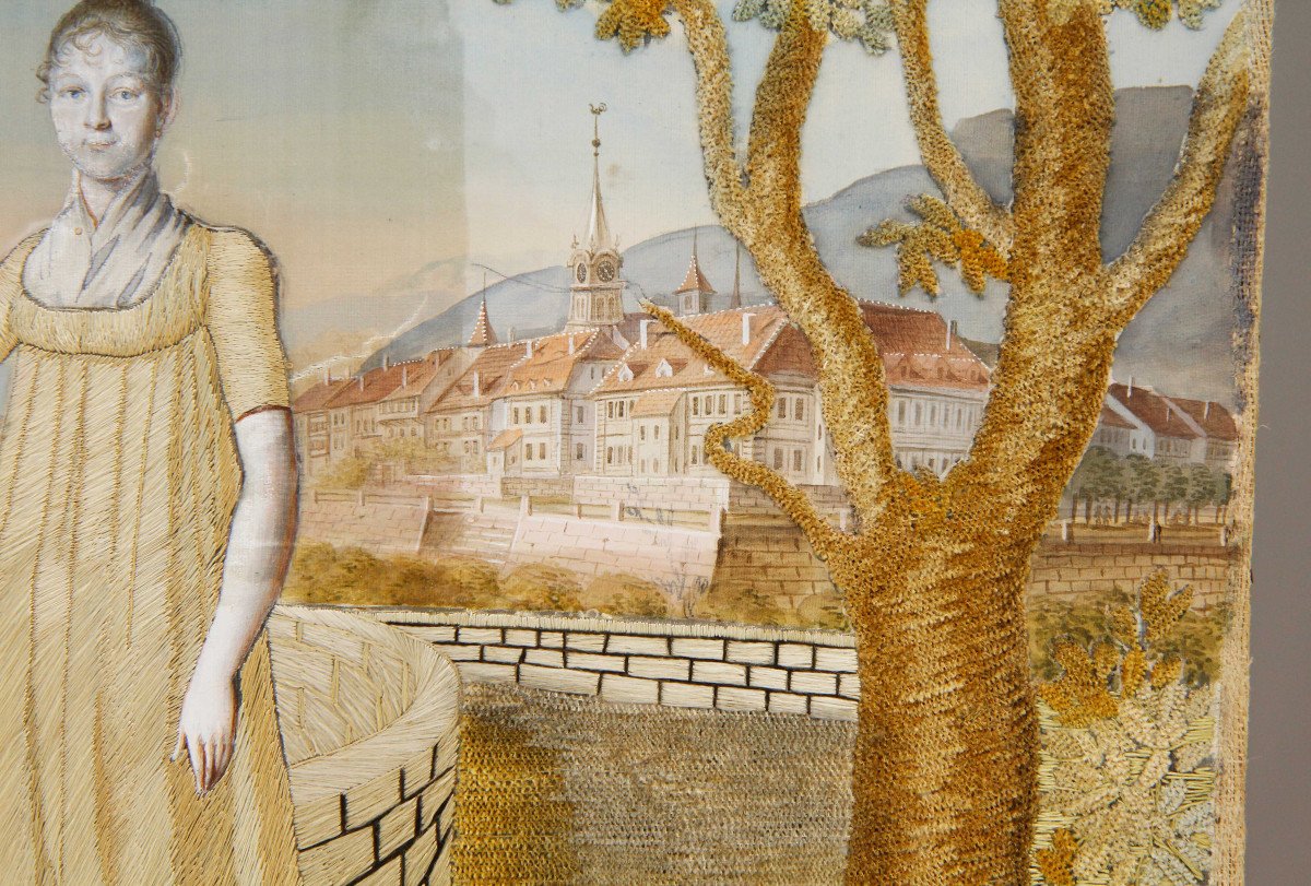 Peinture à l'aiguille, broderie sur soie peinte - Très belle composition - Suisse, vers 1800-photo-4