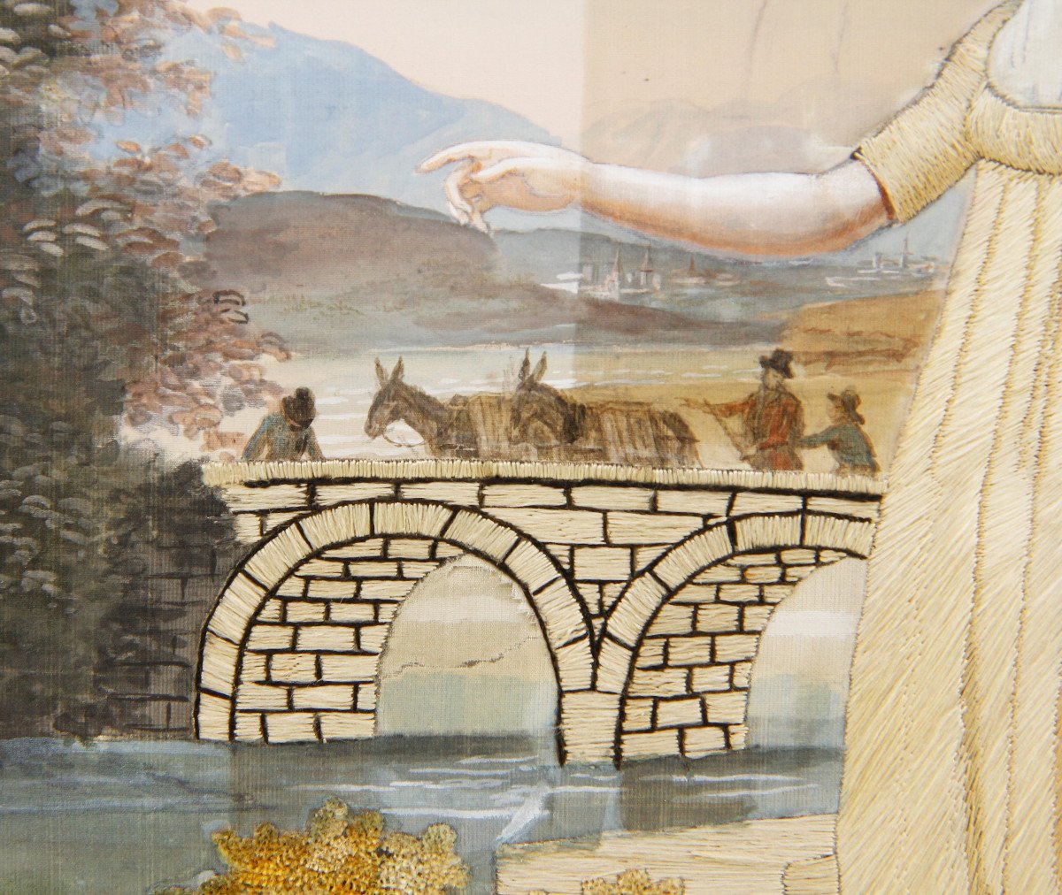 Peinture à l'aiguille, broderie sur soie peinte - Très belle composition - Suisse, vers 1800-photo-1