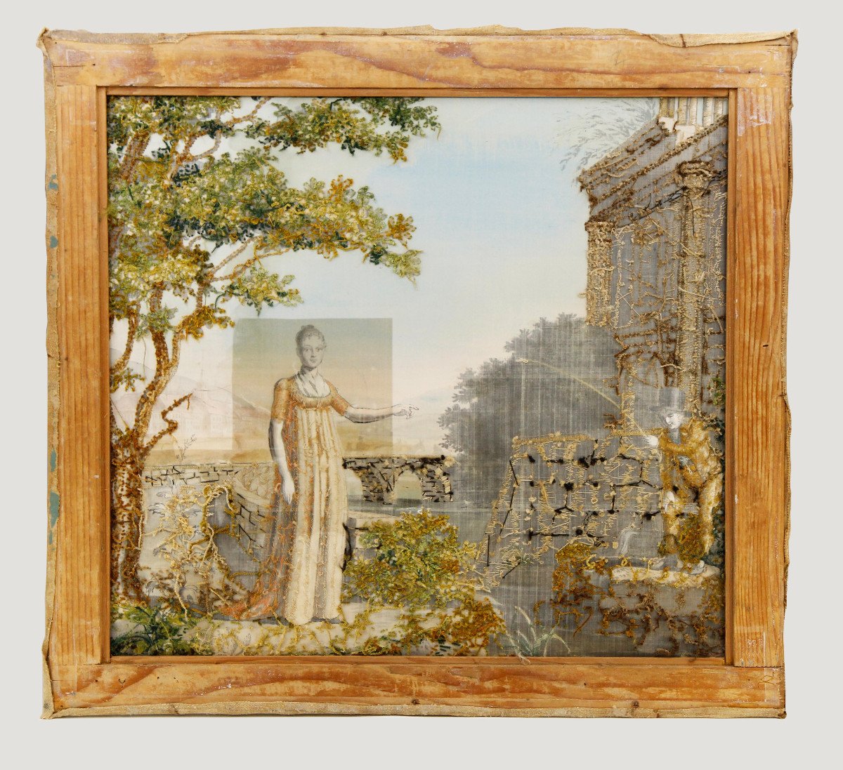 Peinture à l'aiguille, broderie sur soie peinte - Très belle composition - Suisse, vers 1800-photo-3