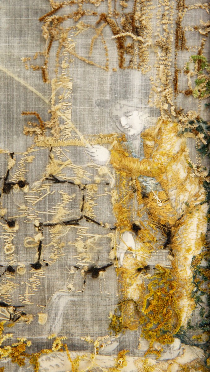 Peinture à l'aiguille, broderie sur soie peinte - Très belle composition - Suisse, vers 1800-photo-5
